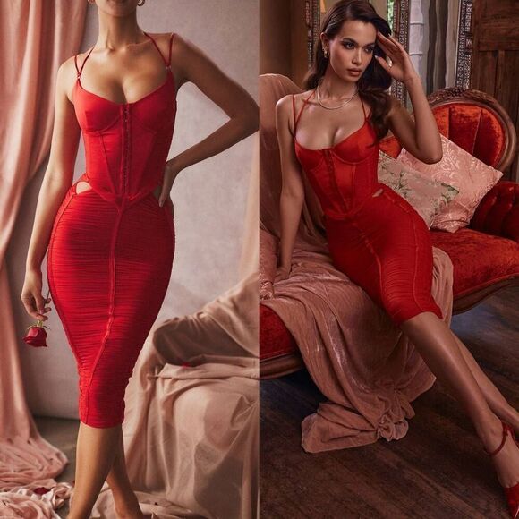 House of cb Maya scarlet ruched midi dress L+ Plus Cup NWOT $239 - Picture 2 of 14